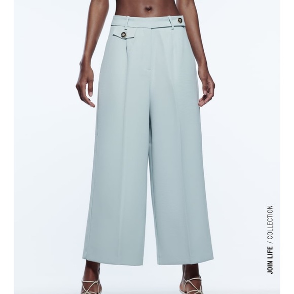 ZARA WOMAN MENSWEAR STYLE WIDE LEG PANTS GREEN / BLUE Pastel Size M - Picture 3 of 15